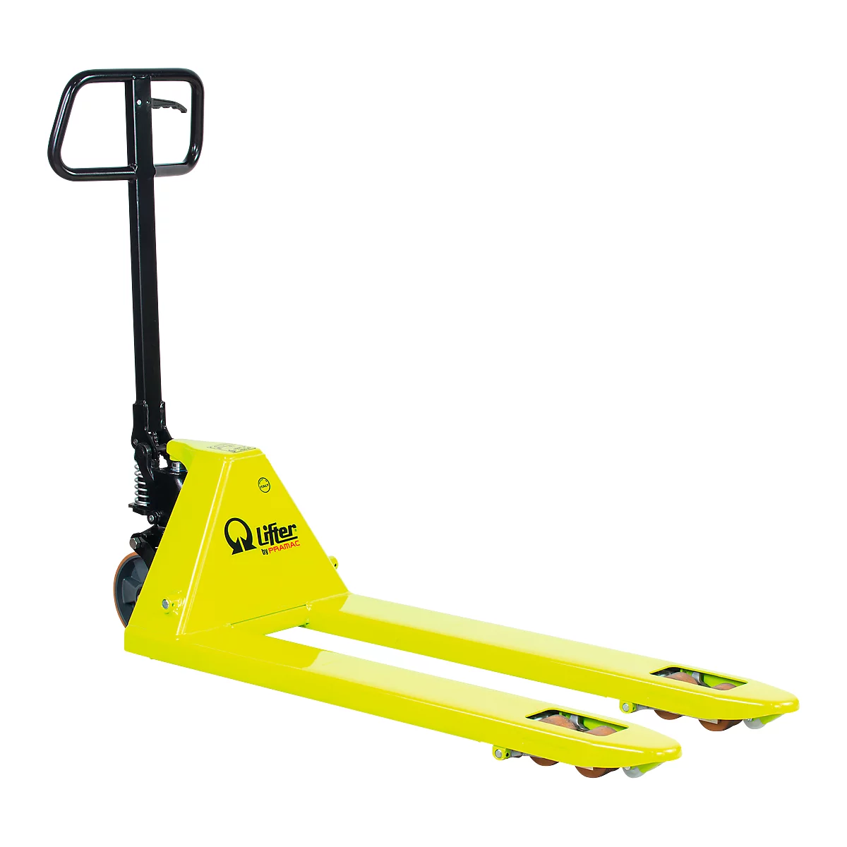 Yellow pallet truck on white background. Black handle, logo label, red rollers.