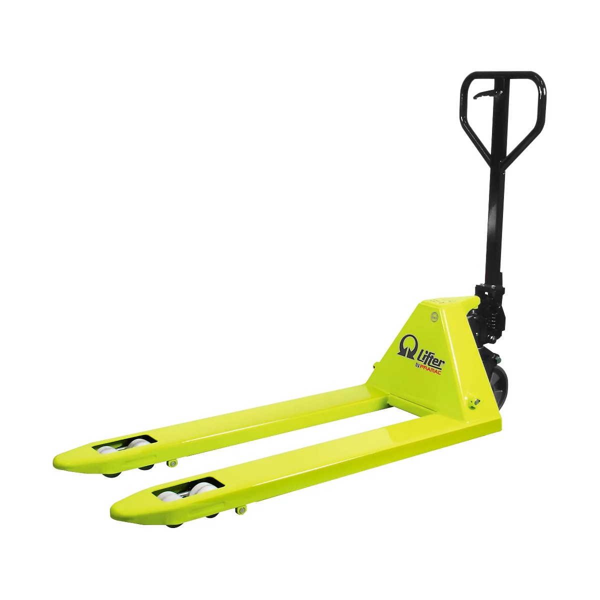 Yellow pallet truck with black handle. The 'Lifter' logo is visible on the body.