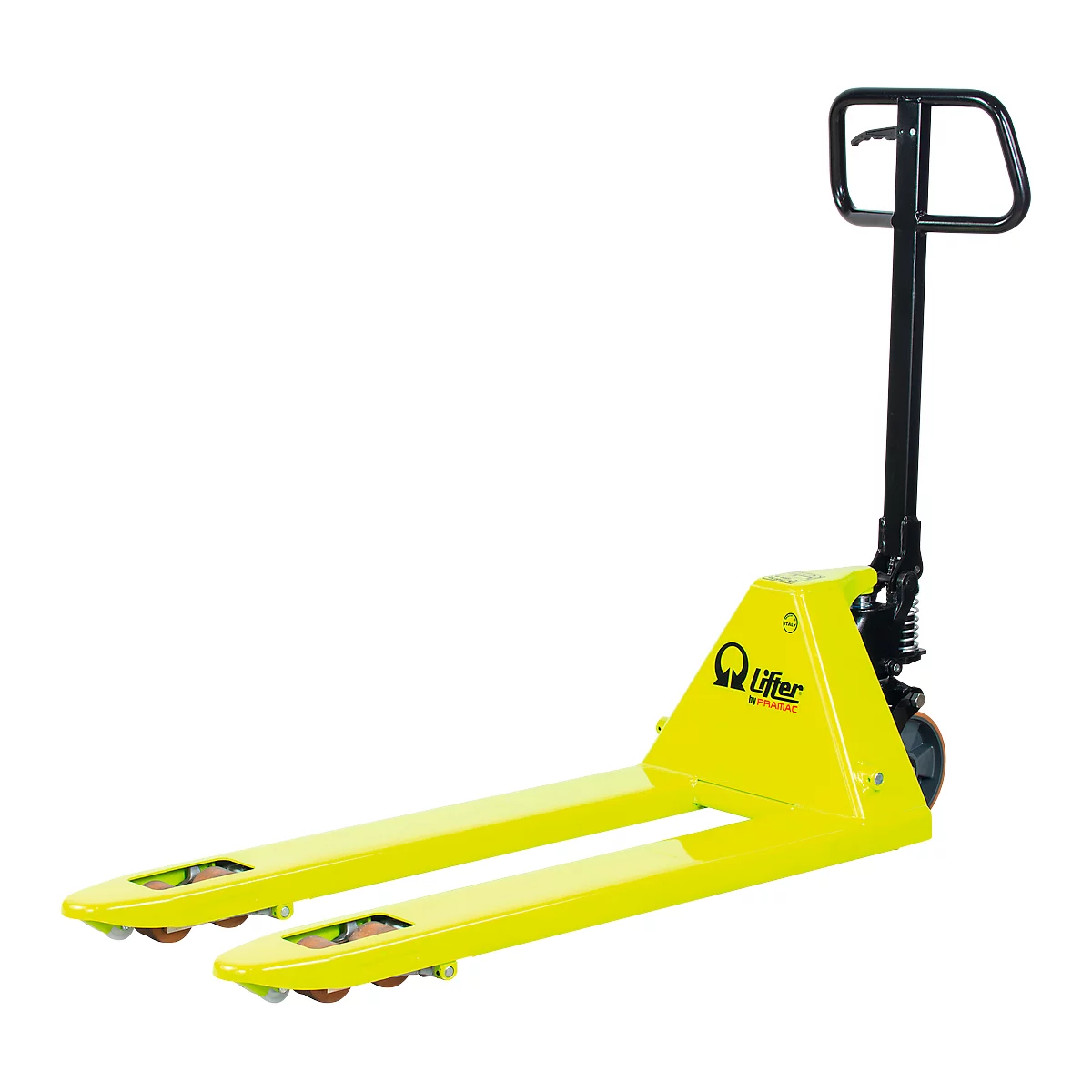 Yellow pallet jack with black handle. Logo on the chassis. Wheels and forks are visible.