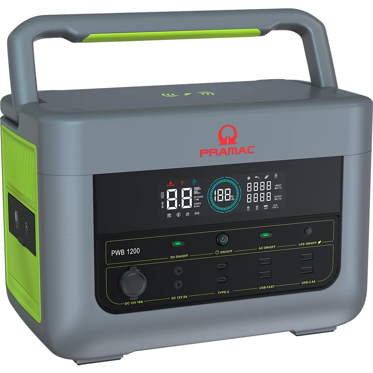Graue Pramac PWB 1200 Powerstation mit grünem Griff, LED-Display und verschiedenen Anschlüssen auf neutralem Hintergrund.