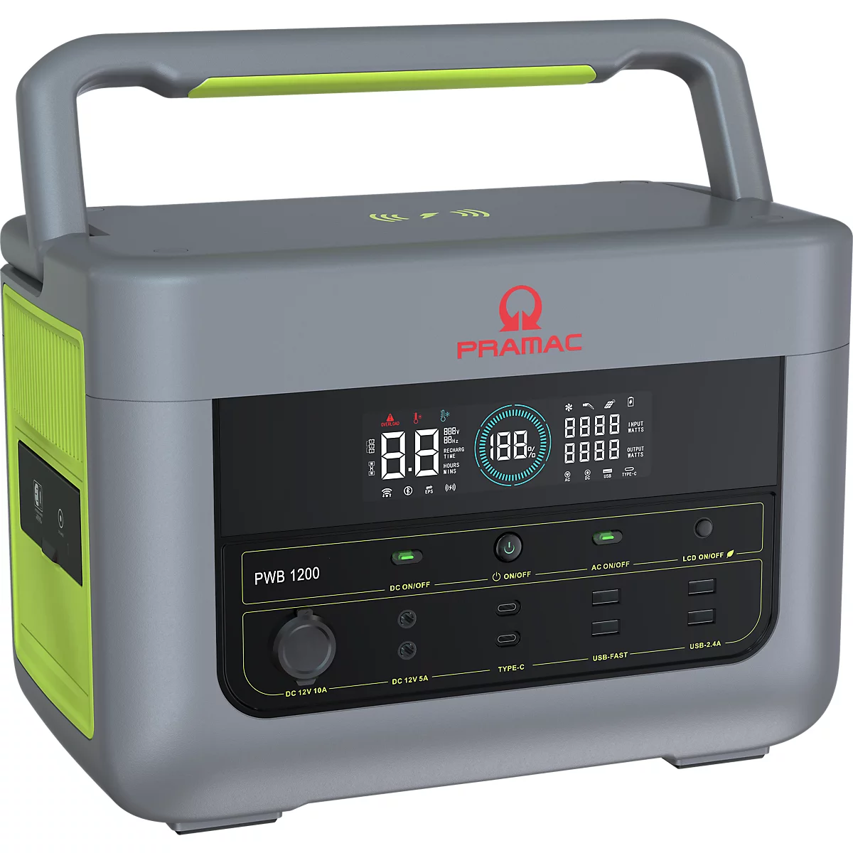 Graue Pramac PWB 1200 Powerstation mit grünem Tragegriff und digitalem Display vor neutralem Hintergrund.