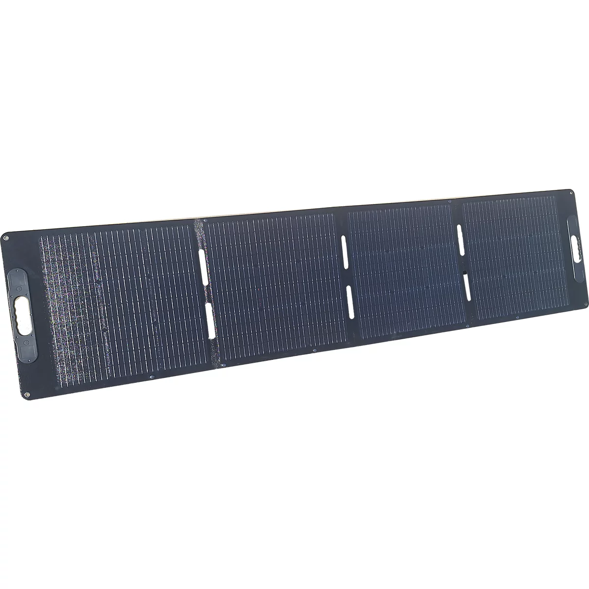 Ein langes, ausklappbares Solarpanel mit vier Modulen und Tragegriffen an den Seiten vor neutralem Hintergrund.
