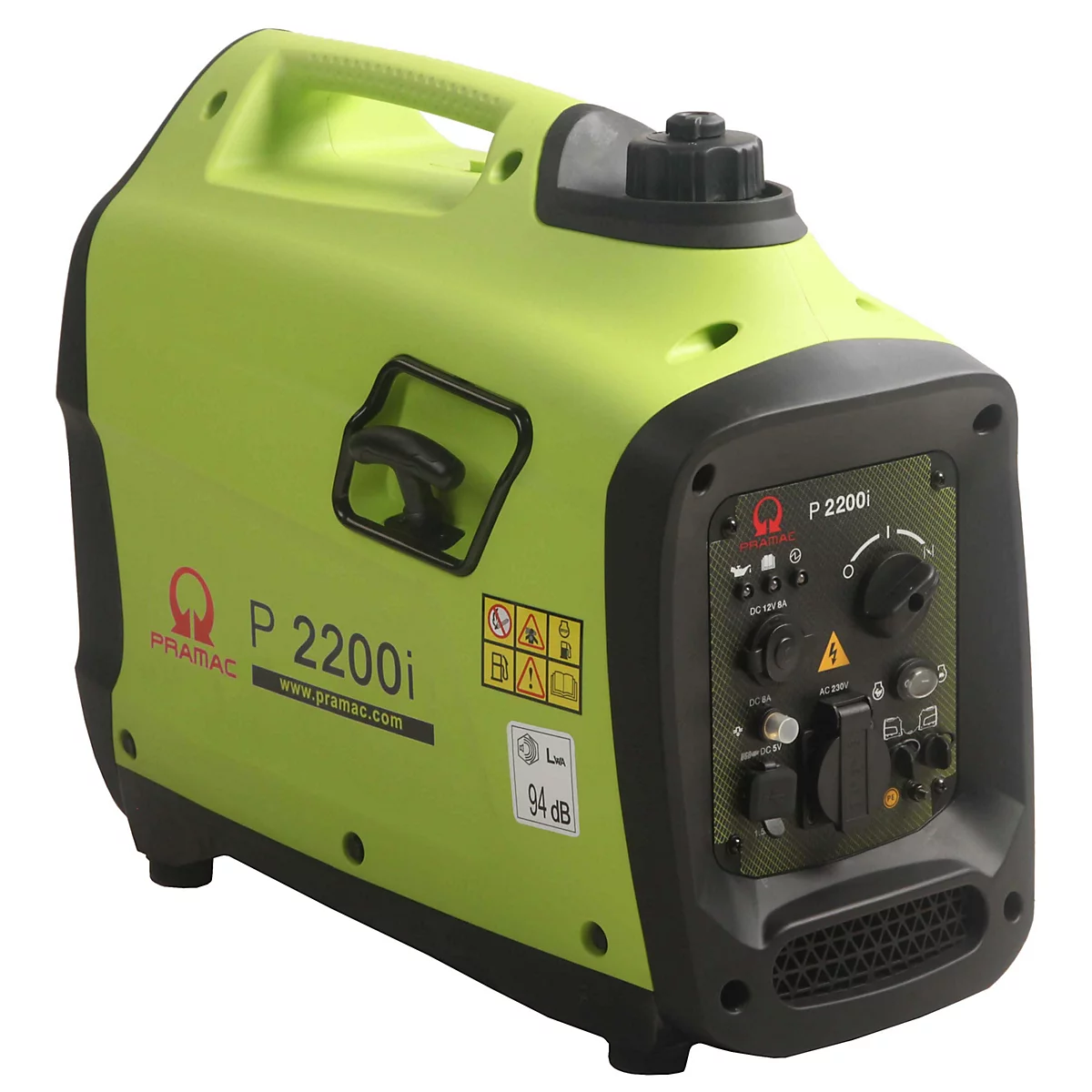 Hellgrüner Inverter-Stromerzeuger Pramac P2200i mit Bedienpanel und Tragegriff auf weißem Hintergrund.