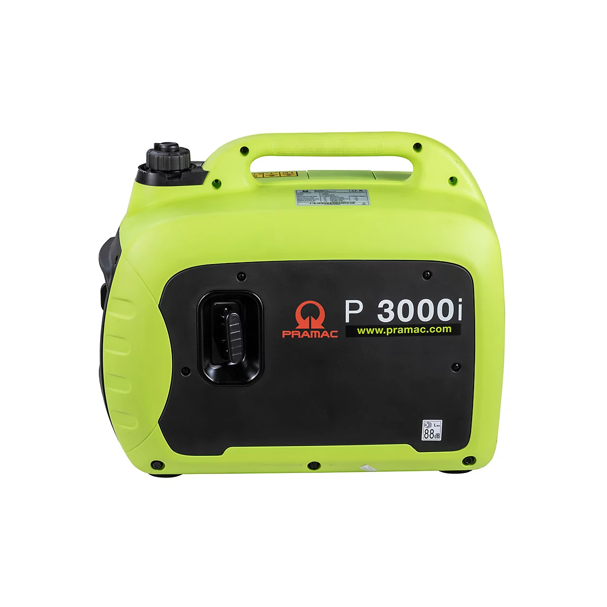 Heller, neongrüner Pramac P 3000i Inverter-Stromerzeuger vor weißem Hintergrund.