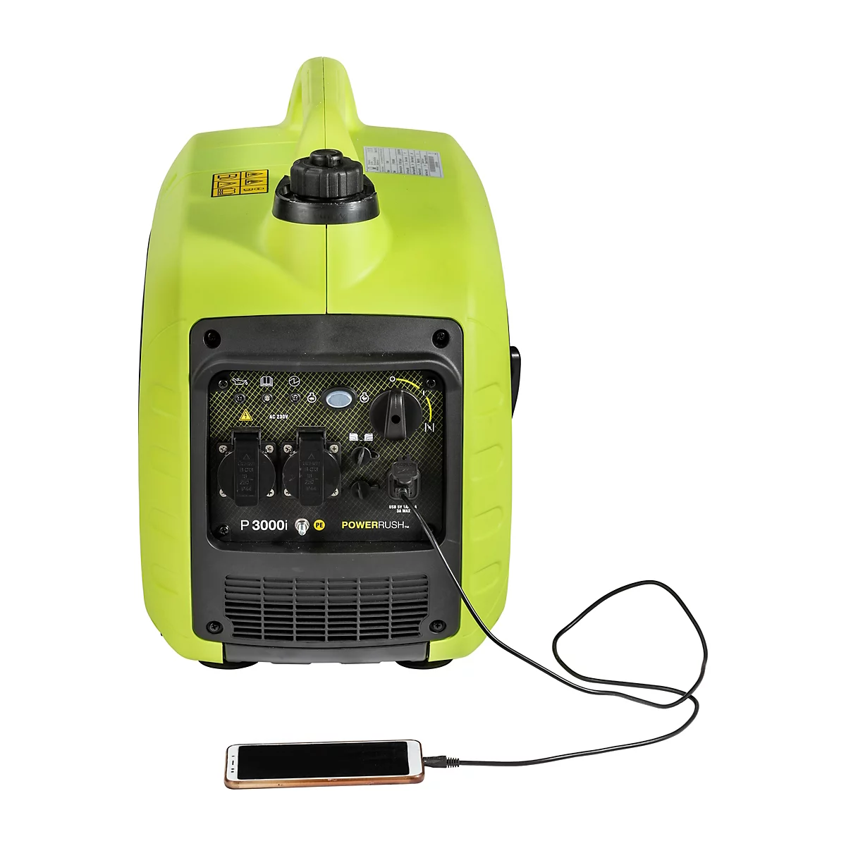 Ein hellgrüner Stromerzeuger P3000i mit Bedienpanel, an den ein Smartphone per USB-Kabel angeschlossen ist.