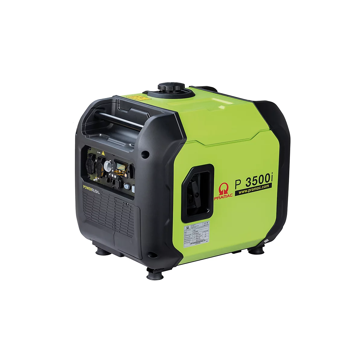 Limegrüner Inverter-Stromerzeuger Pramac P3500i mit schwarzem Gehäuserahmen vor weißem Hintergrund.