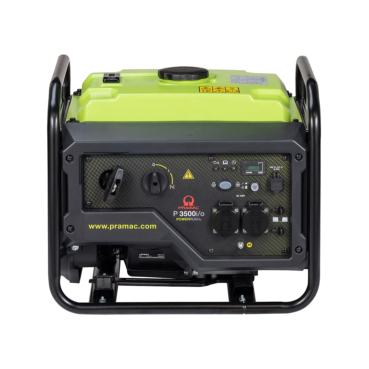 Gelber Pramac P3500i/o Inverter-Stromerzeuger vor weißem Hintergrund.