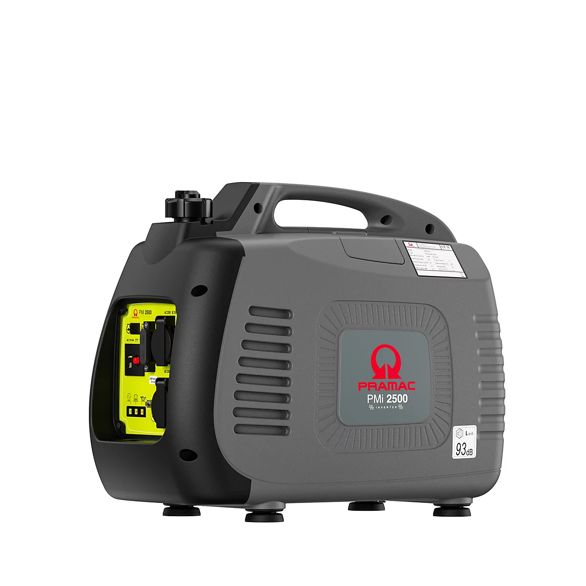 Grauer, kompakter Inverter-Stromerzeuger Pramac PM 2500 mit gelber Frontblende auf weißem Hintergrund.