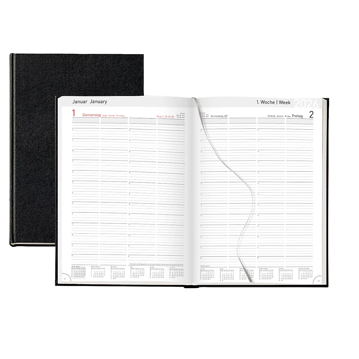 Praxistimer Korsch 2026, A4, 400 pages, calendrier pour D/GB/F/I, ruban de lecture, L 210 x H 297 mm, carton, noir