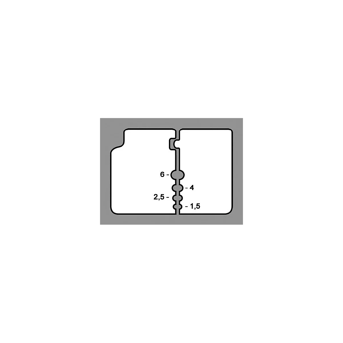 Doorsnede tekening van een profiel. De tekening toont twee verbonden helften met afmetingen 6, 4, 2,5 en 1,5.