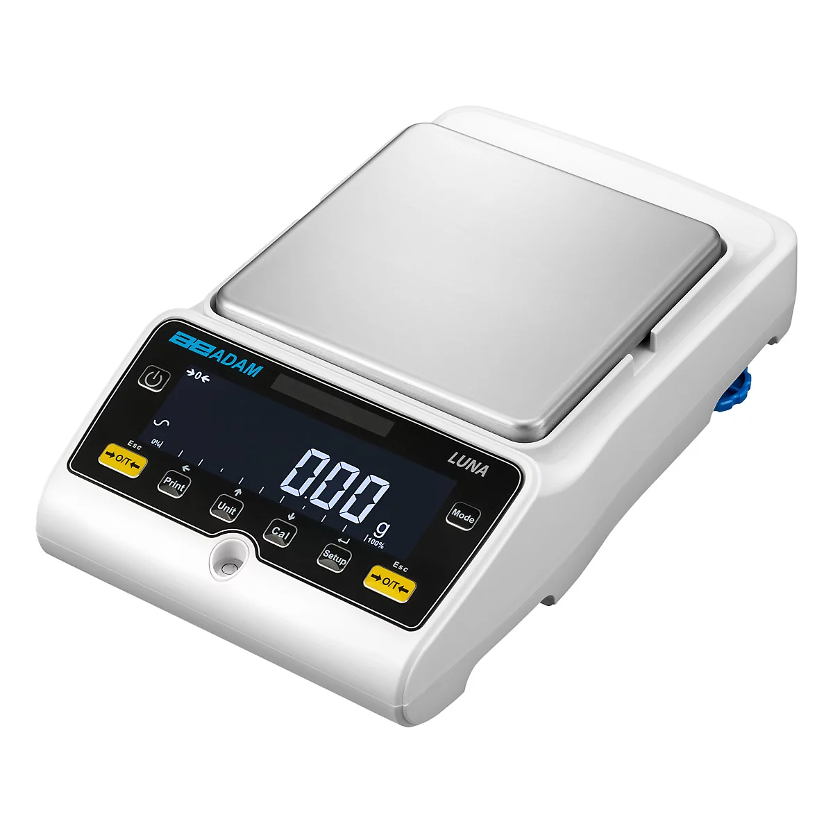 Een witte weegschaal met digitale display die 0,00 g aangeeft. Op de weegschaal staat "LUNA".