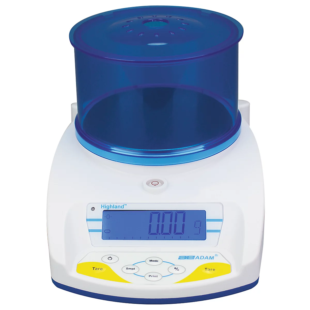 Scale with blue cover, display: 0.00 g. Yellow buttons for functions, white base.