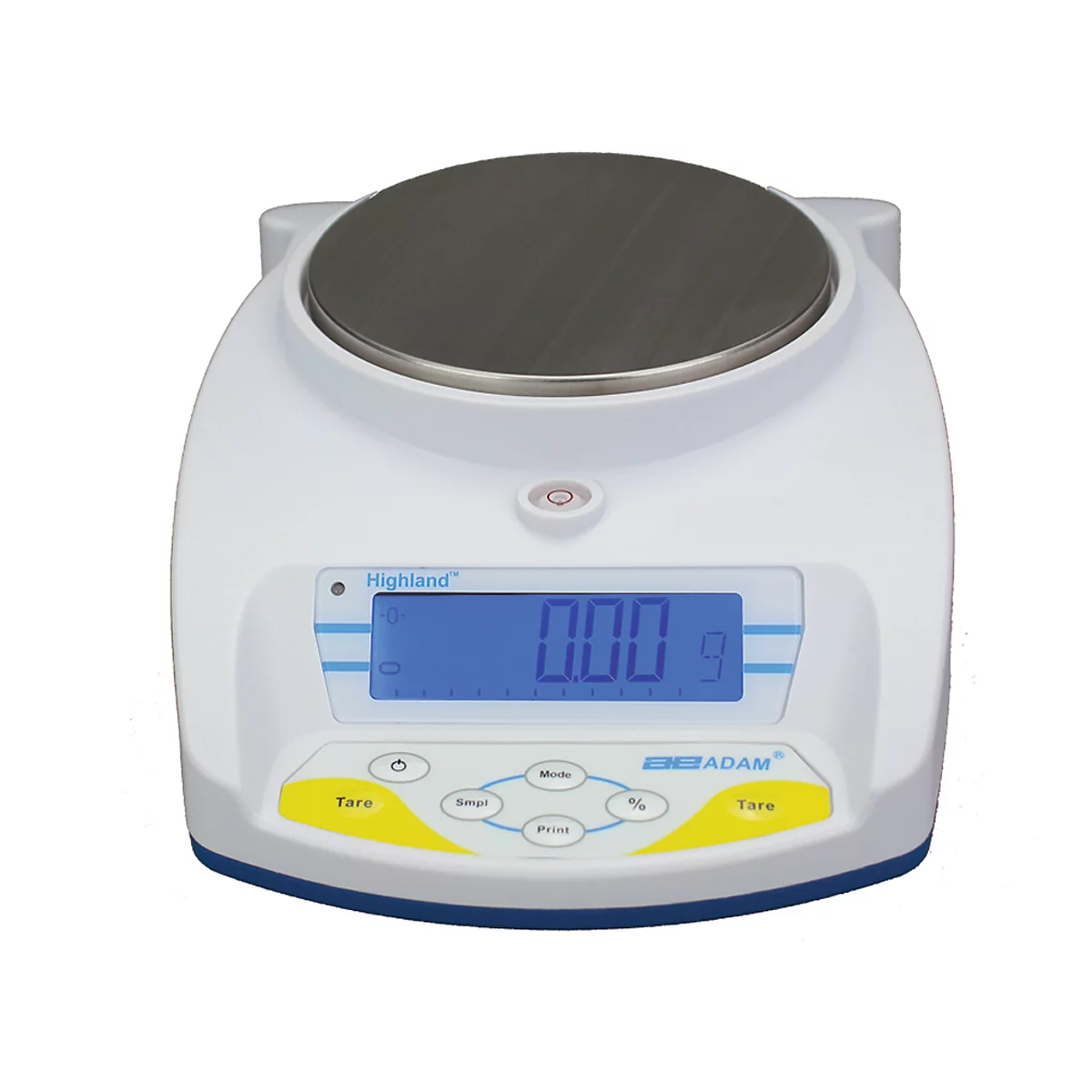 A white precision scale with a digital display. The display shows '0.00 g'. Logos of 'Highland' and 'ADAM' are on the scale.