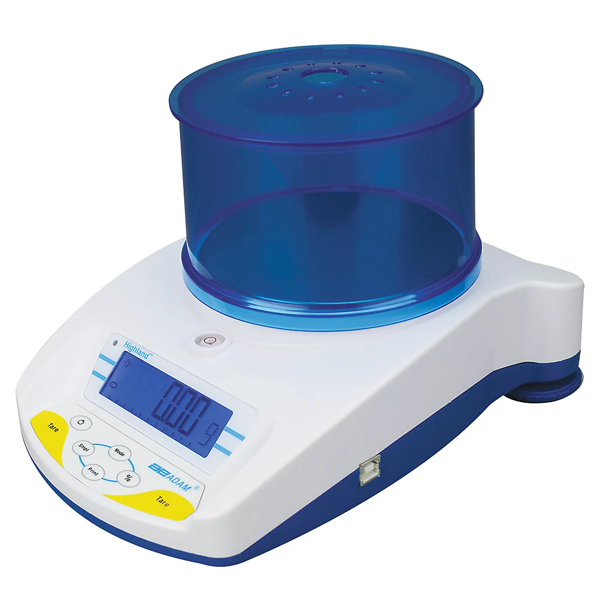 White laboratory scale with blue container. The scale shows '0.00 g'.