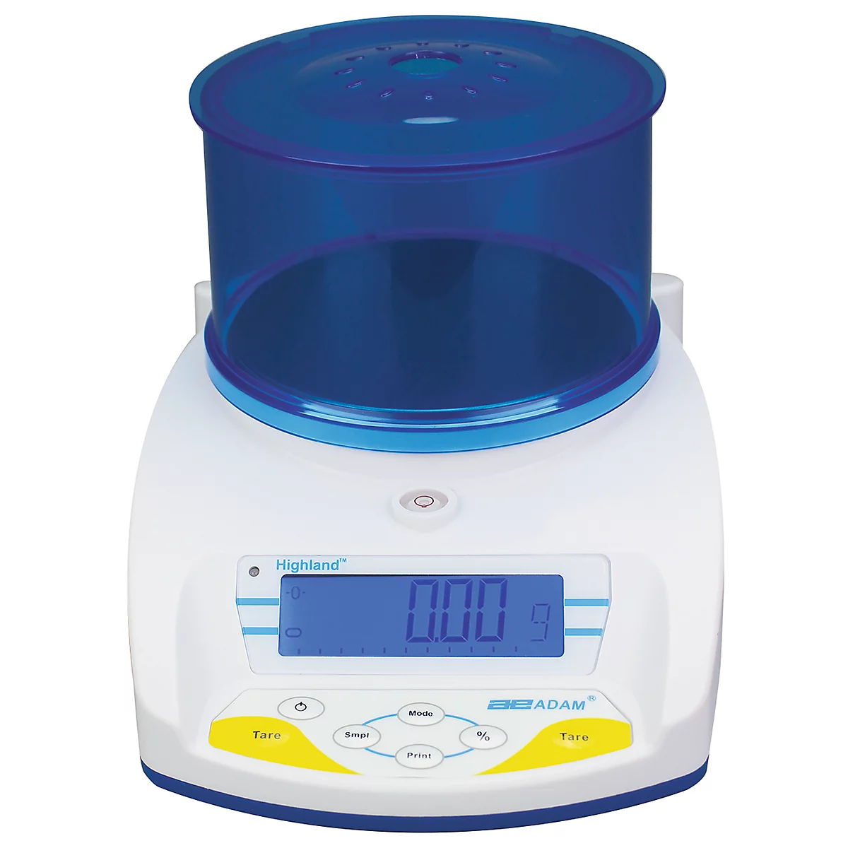 White laboratory scale with blue protective cover shows 0.00 g. Yellow buttons with labels, including "Tare".