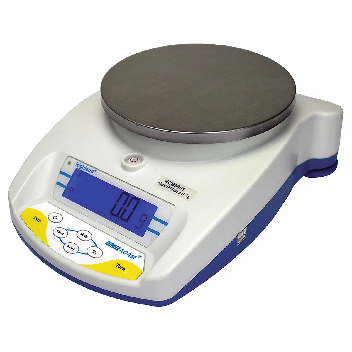 A digital lab scale with a round measuring field, display, and control elements. The display shows 0.0 g.