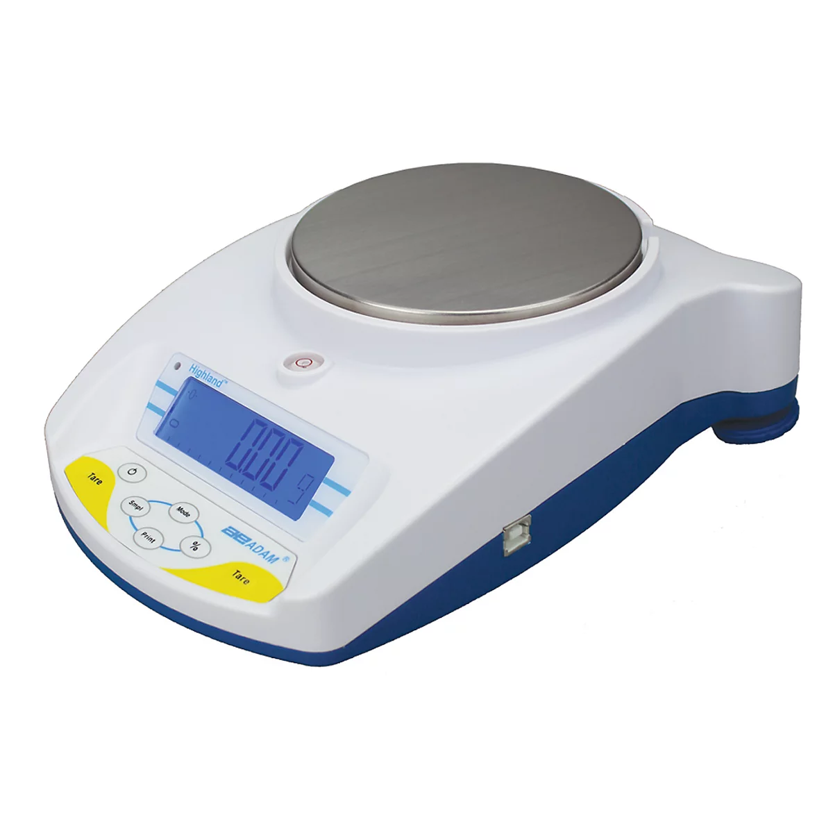 White and blue lab scale with digital display, weight 0.00g. Round metal weighing surface.
