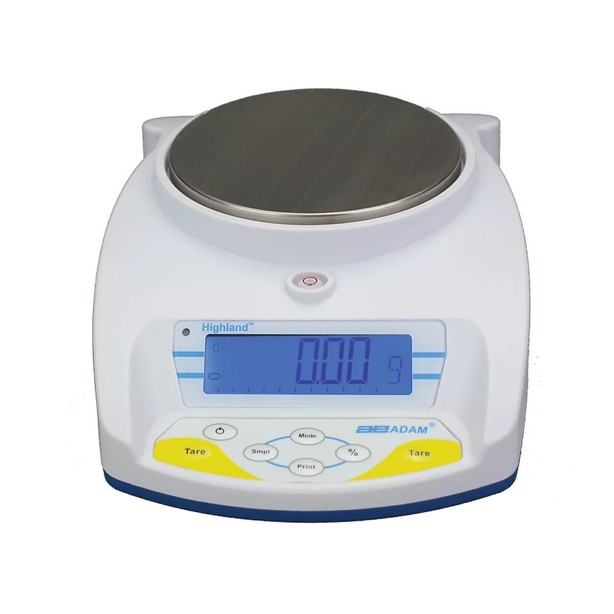 A white digital lab scale with a blue display. The display shows 0.00 g. The scale reads "Highland" and "ADAM".