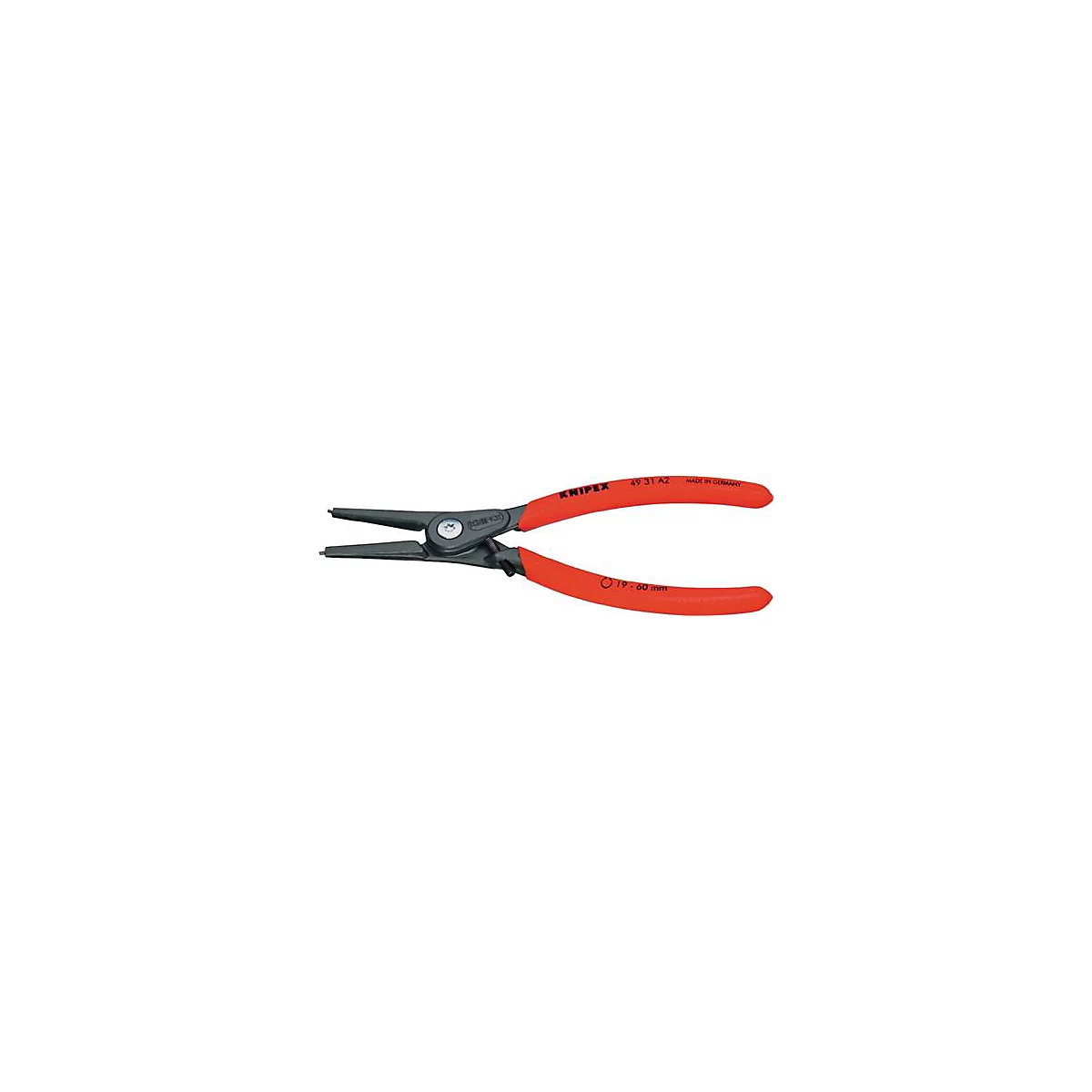 Pliers with red handles. Inscription: KNIPEX 49 31 A2, 19-60 mm. Black tip.