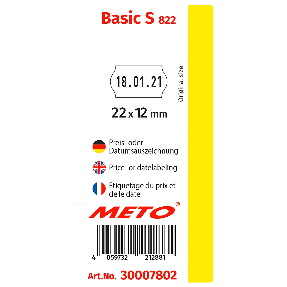 Etikett mit roter Schrift „Basic S 822“, Datum 18.01.21, Größenangabe, mehrsprachiger Text zur Preis- und Datumsbezeichnung, Barcode und Artikelnummer.