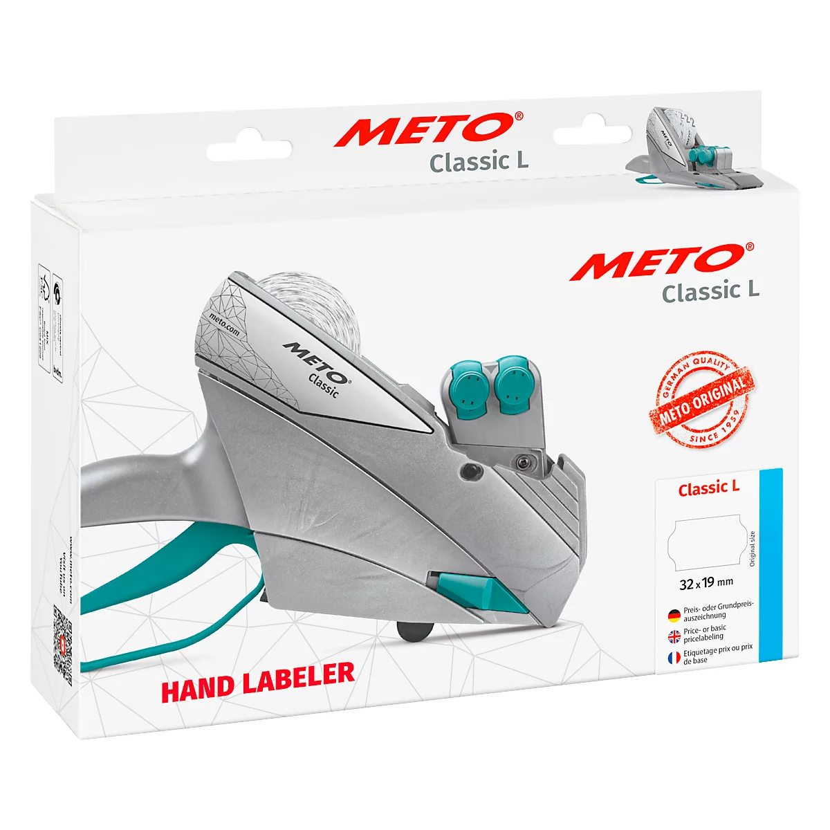 Grau-türkisfarbener Handetikettierer in einer weißen Verpackung mit roter Aufschrift METO Classic L. Der Handetikettierer trägt ebenfalls die Aufschrift METO.