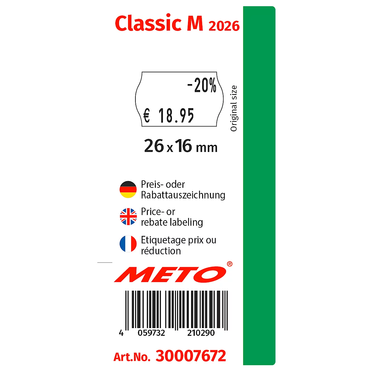 Etikett mit roter Schrift „Classic M 2026“, Preis- und Rabattangaben, Barcode und METO-Logo.