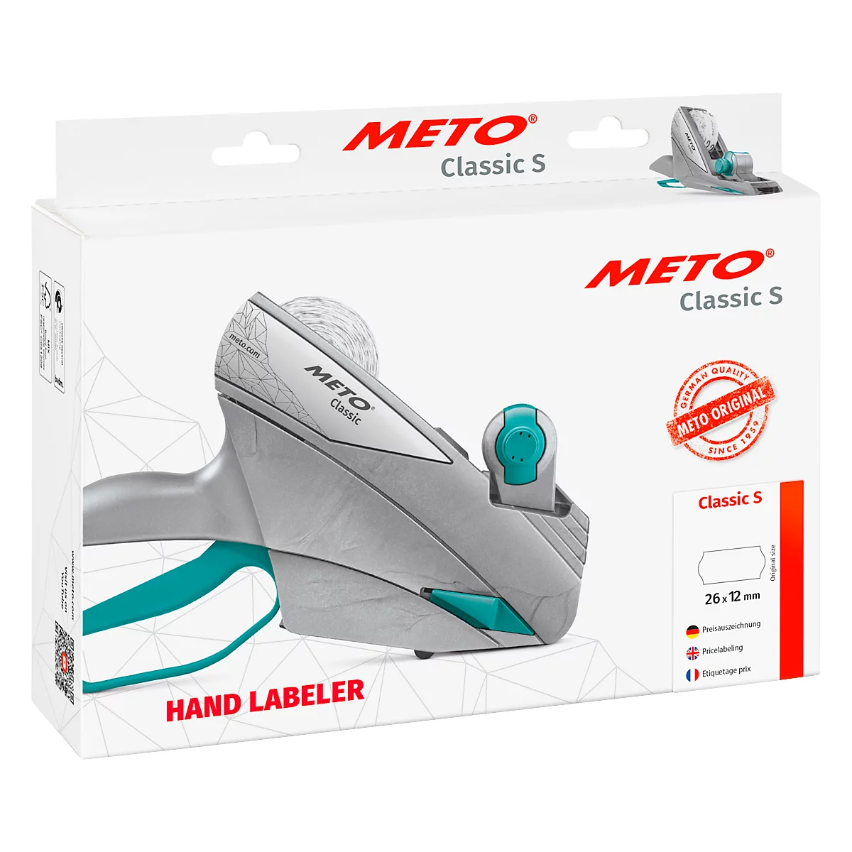 Ein grauer METO Classic S Handetikettierer in einer weißen Verpackung. Aufdruck: METO Classic S, Meto Original.