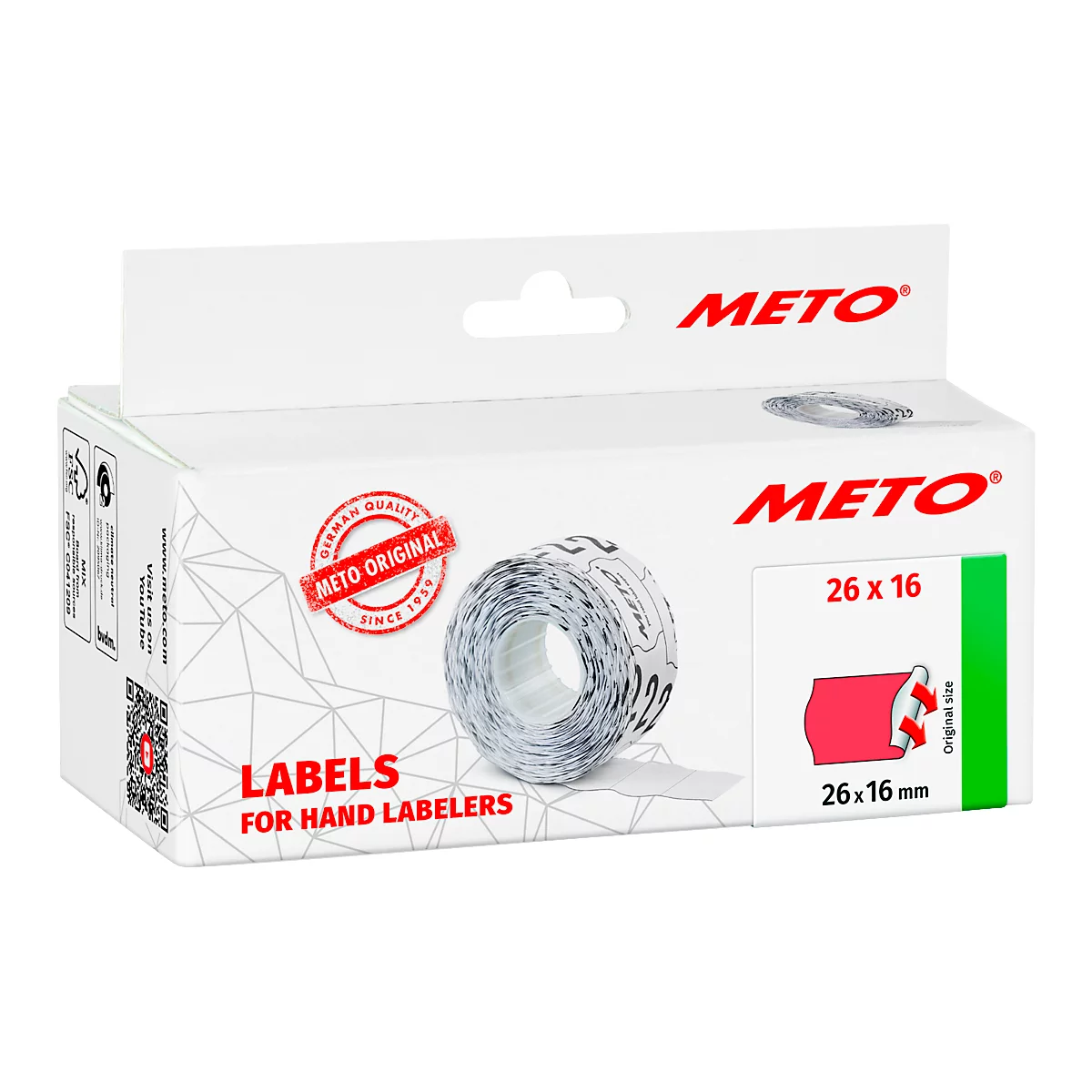Eine weiße Schachtel mit Rollen Etiketten. Aufdrucke: Meto, 26 x 16, Labels for Hand Labelers.