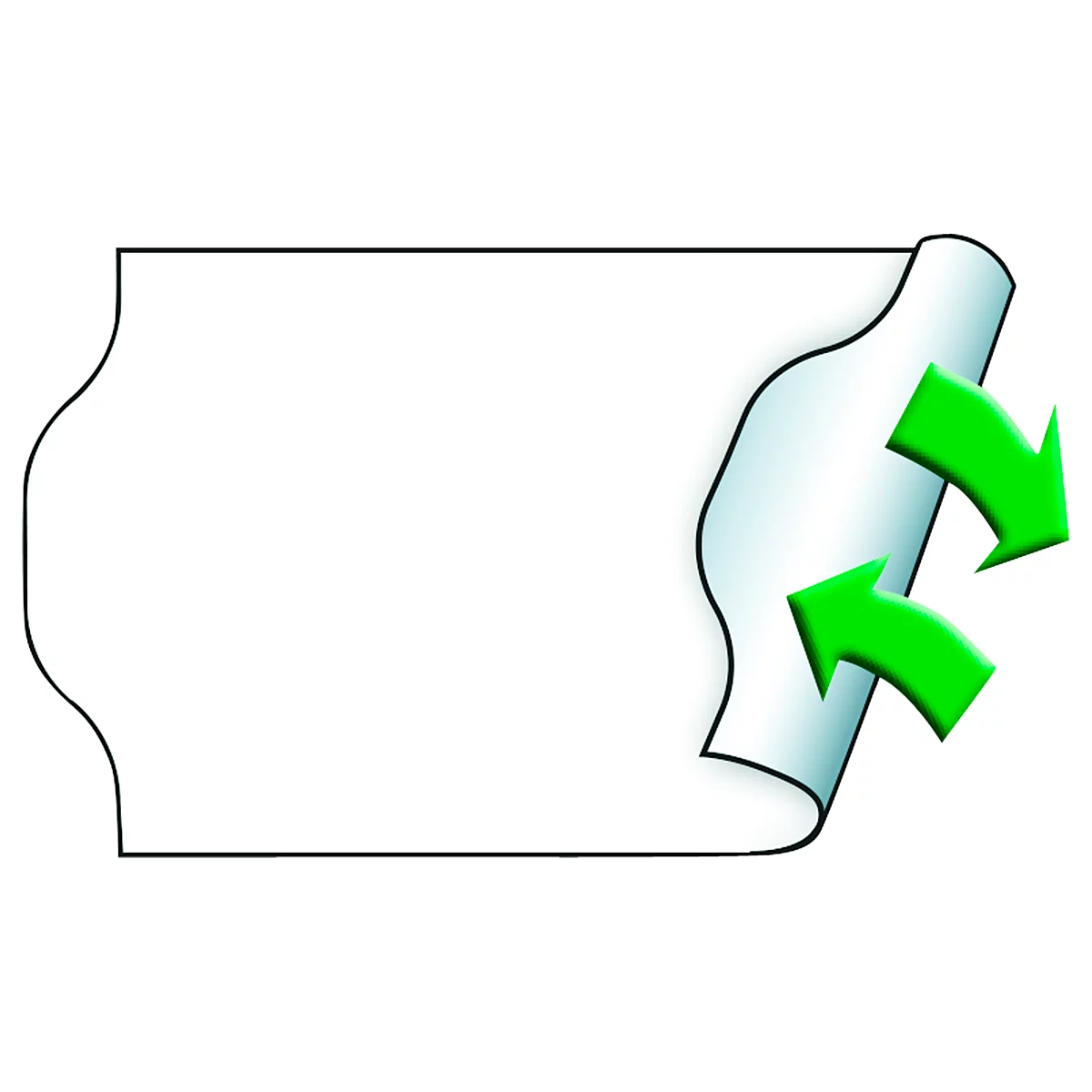 Ein weißes Papier mit geschwungenem Rand, ein Teil ist aufgerollt mit grünen Pfeilen.