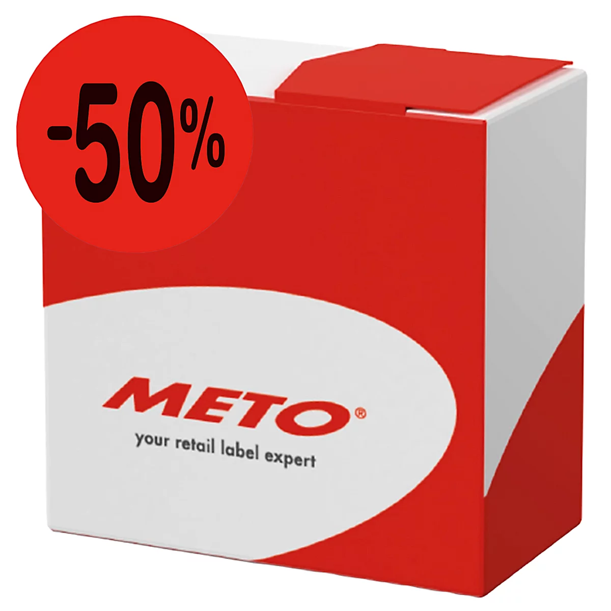 Produktbox, rot-weiß, mit -50% Rabatt-Aufkleber. Aufschrift: METO, your retail label expert.