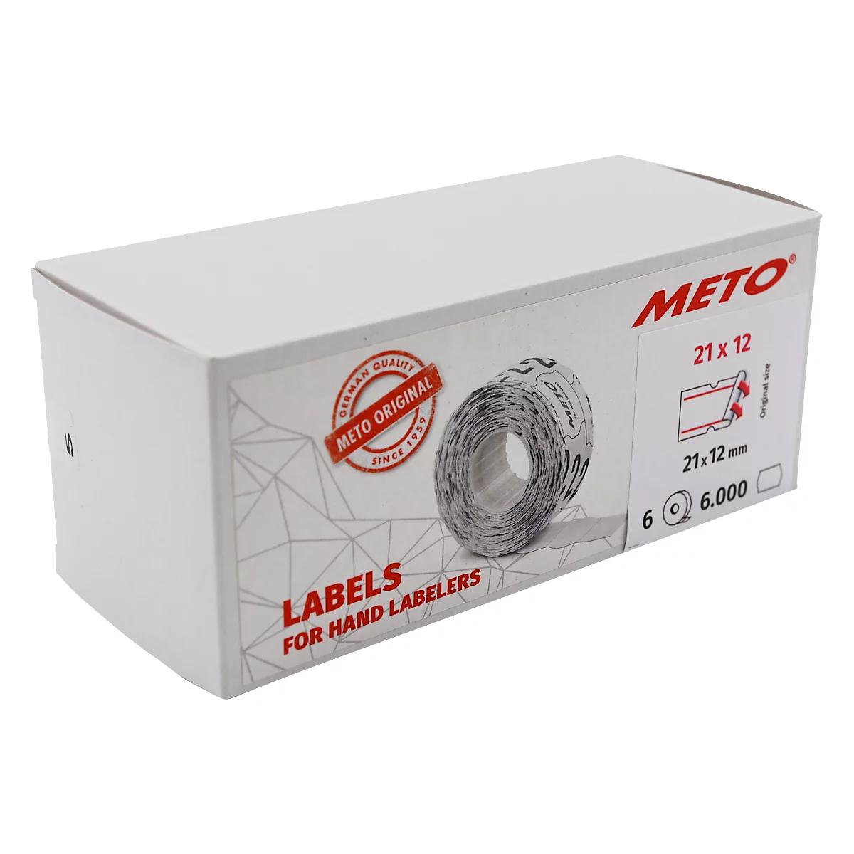 Weiße Schachtel mit Etikettenrolle. Aufdruck: METO, 21x12, Labels for Hand Labelers.