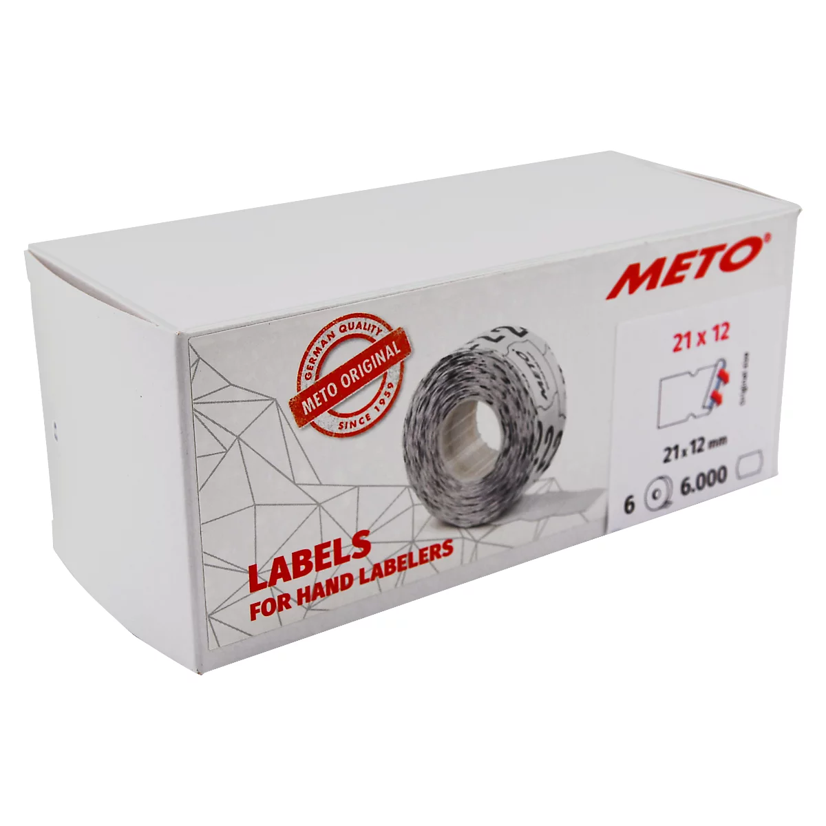 Weiße Schachtel mit Etiketten. Aufdrucke: Meto, 21x12, Labels for Hand Labelers.