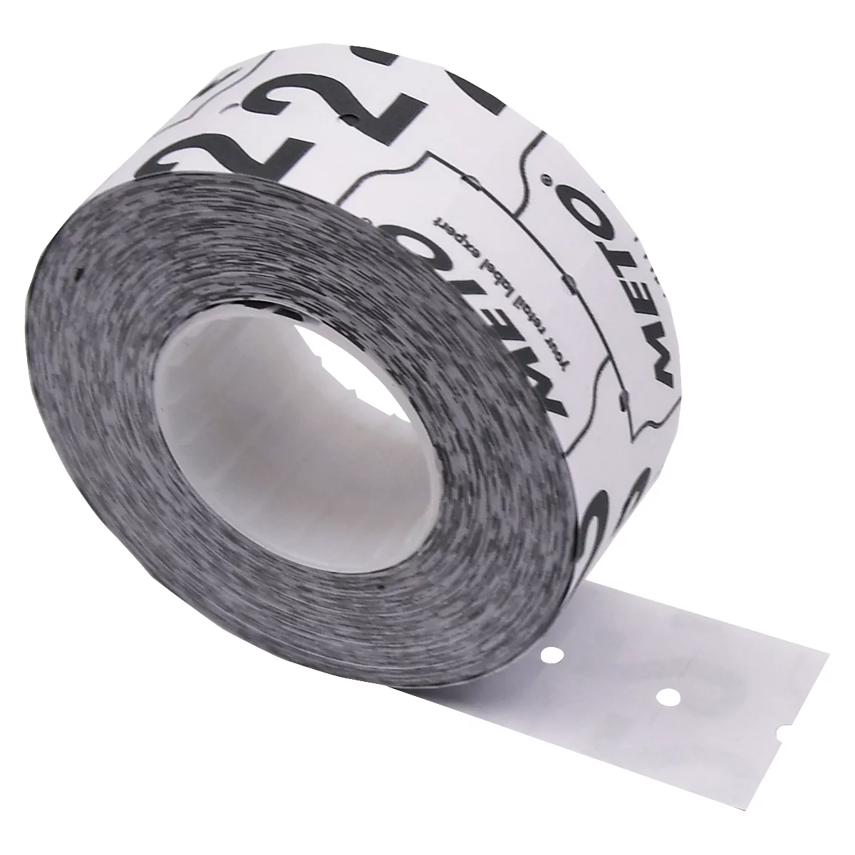 Rolle Etikettenpapier, beschriftet mit Zahlen und dem Logo METO. Der Rest der Rolle ist grau.