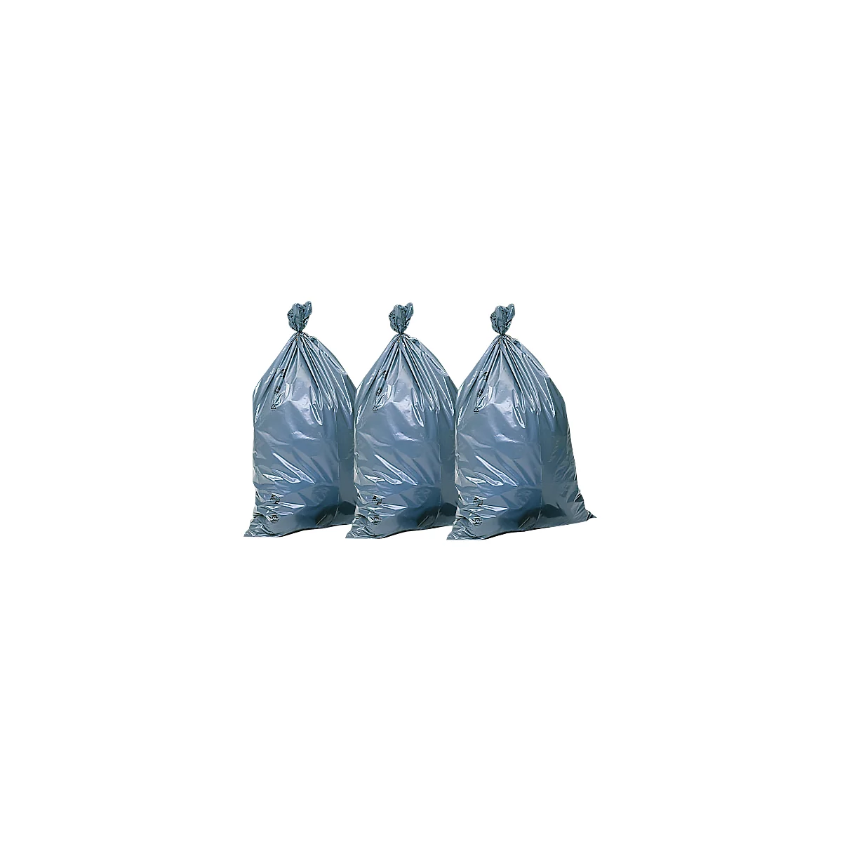 Three grey trash bags tied at the top, set against a white background.