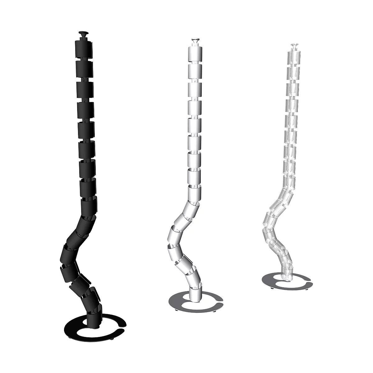 Three cable channels, black, white, and gray. They are curved and stand on a circular base.