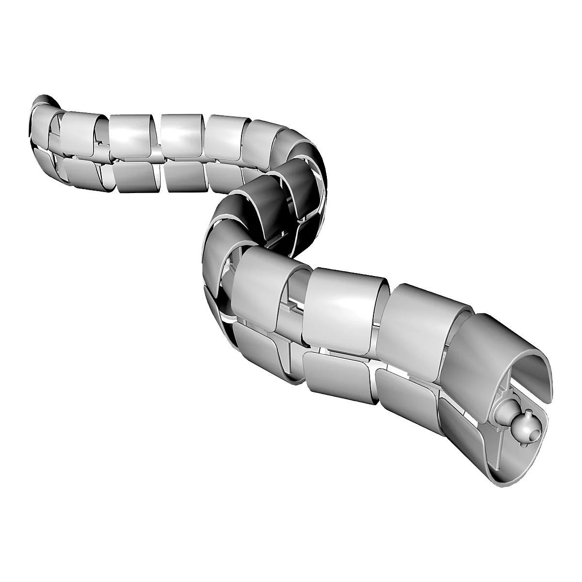 Flexible, light grey cable management system in snake form, three-dimensionally represented.