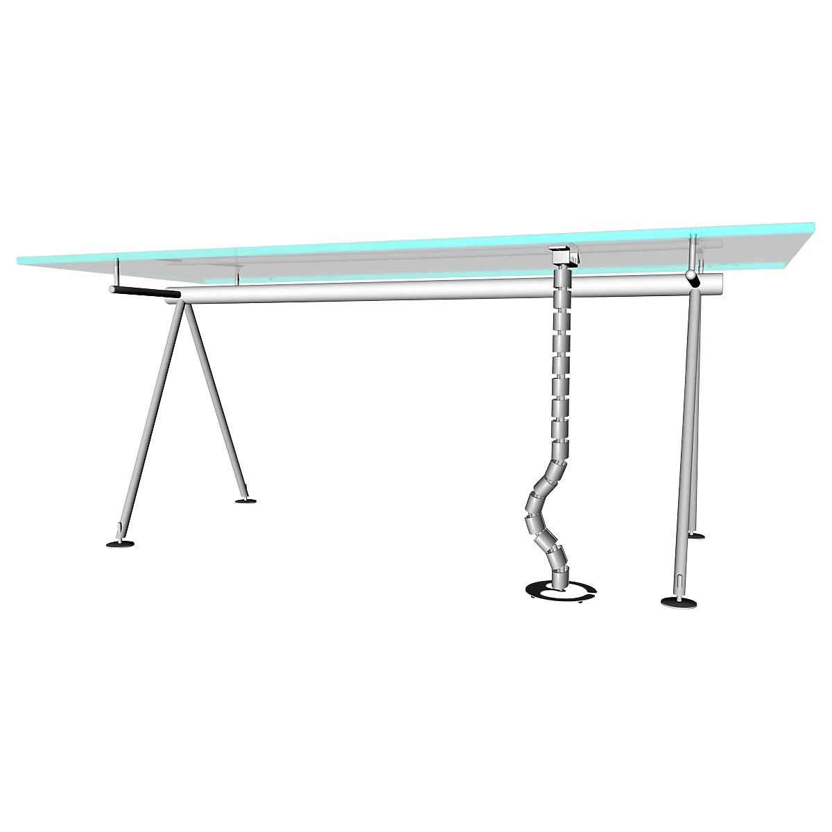 Desk with glass top, silver legs and a cable duct.