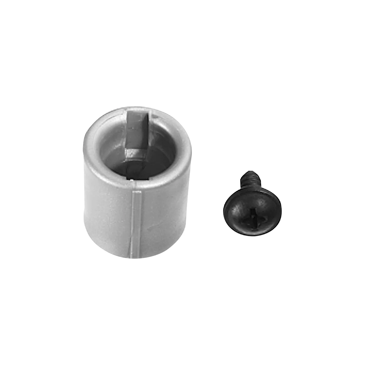 Gray cylindrical bushing with a black screw next to it.