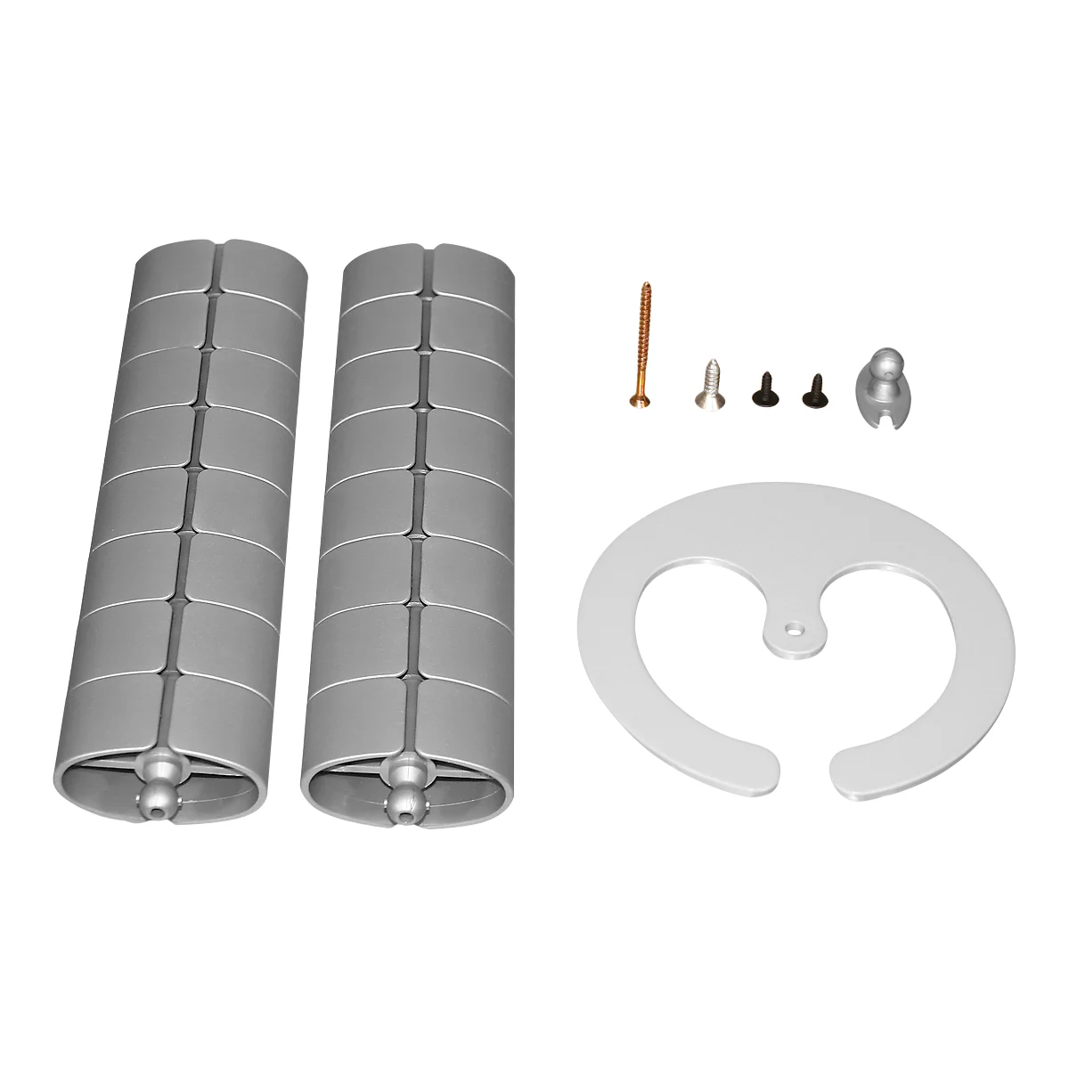 Two gray, grooved housings with accessories: screws, pins, and a half circle.