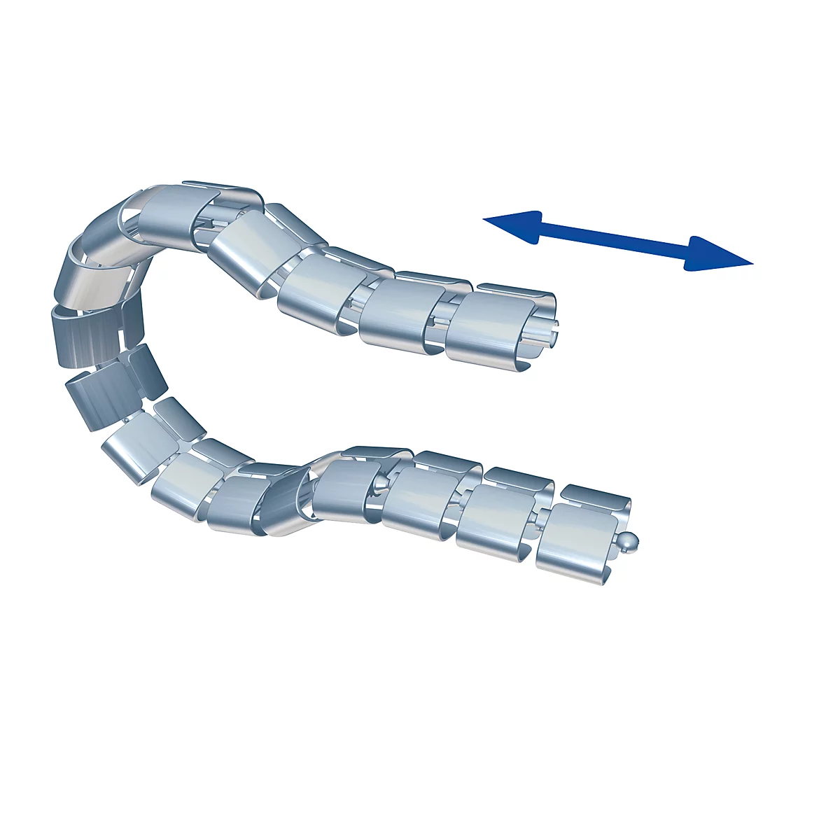 Silver cable guide, curved in a U-shape, with an arrow indicating the direction of movement.