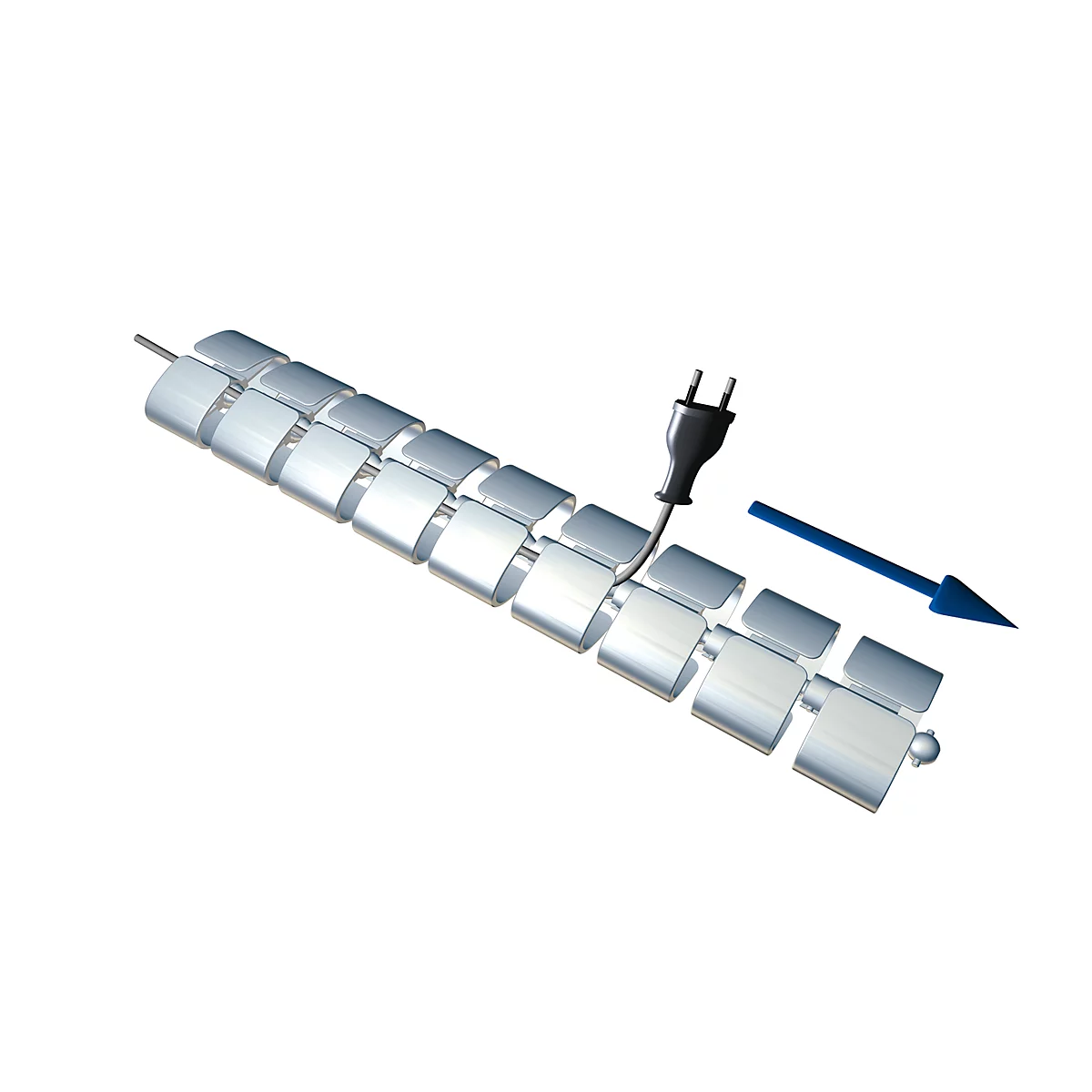 Wire with silver elements and plug, arrow indicates direction.