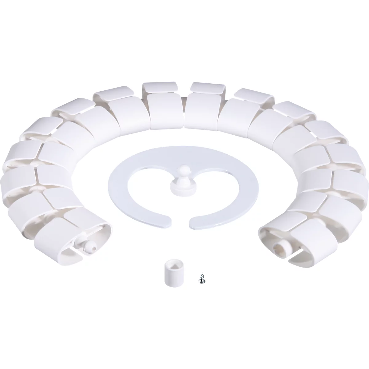 White cable management set: spiral cable sleeve, bracket, sleeve, and screw.