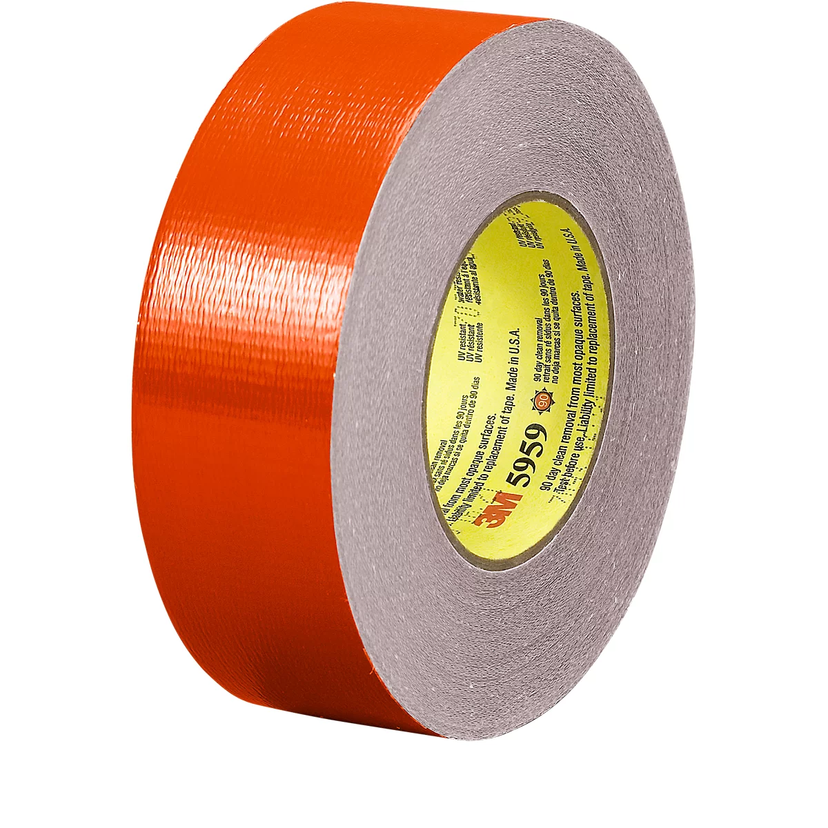 A roll of orange duct tape, 3M 5959, detail shot, gray, yellow, white background.