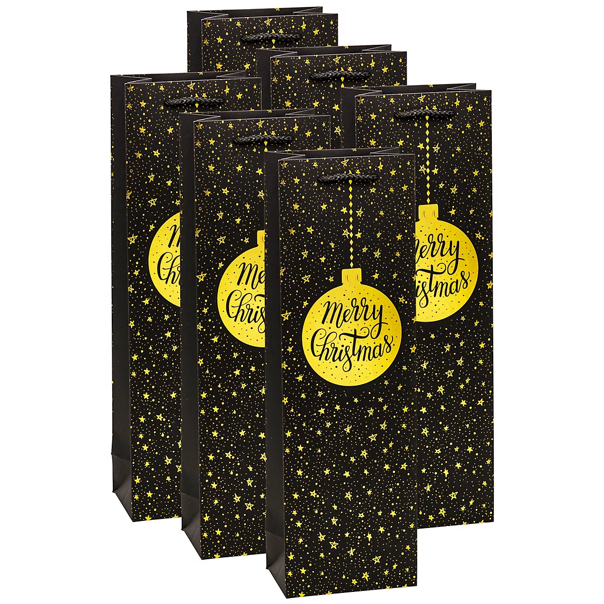 Zwarte wijntassen met gouden kerstversiering. "Merry Christmas" staat op een gouden kerstbal.