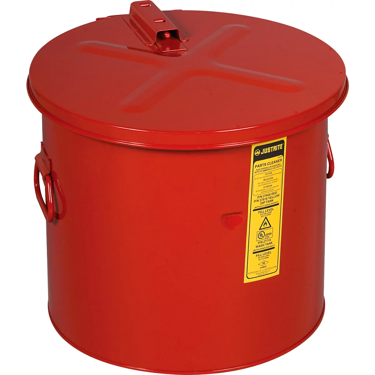 Red metal container with lid and carrying handles. Yellow label with text. The lid is equipped with a flap at the top.