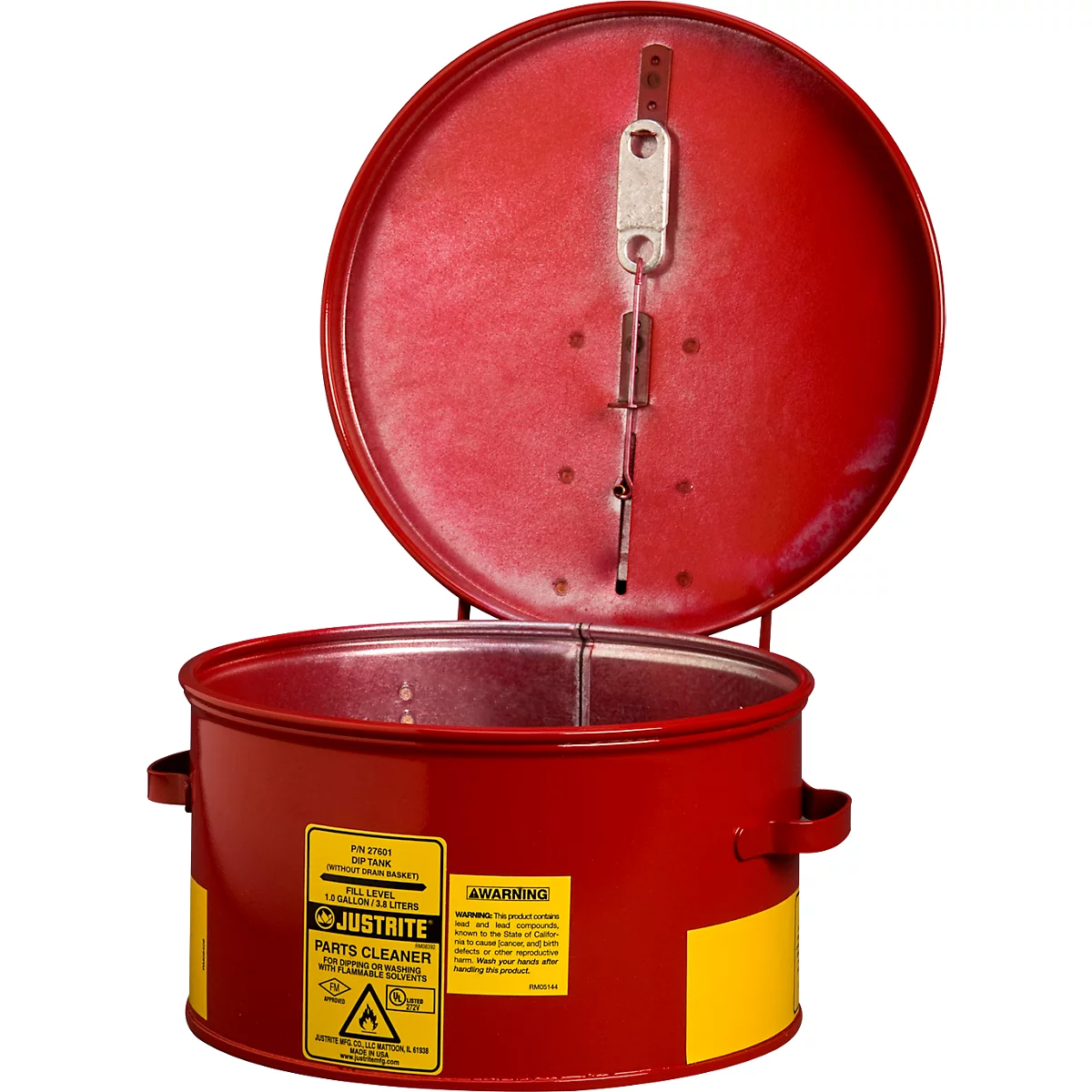 Red metal parts cleaner bucket, lid open, with 'JUSTRITE PARTS CLEANER' text.