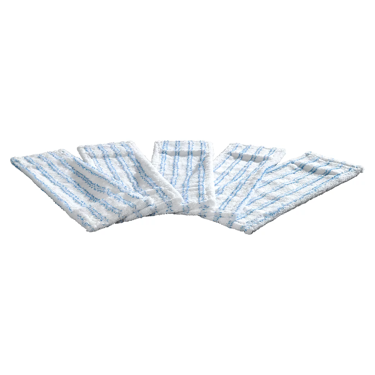 Five white cleaning cloths with blue stripes. They are fanned out on a white background.
