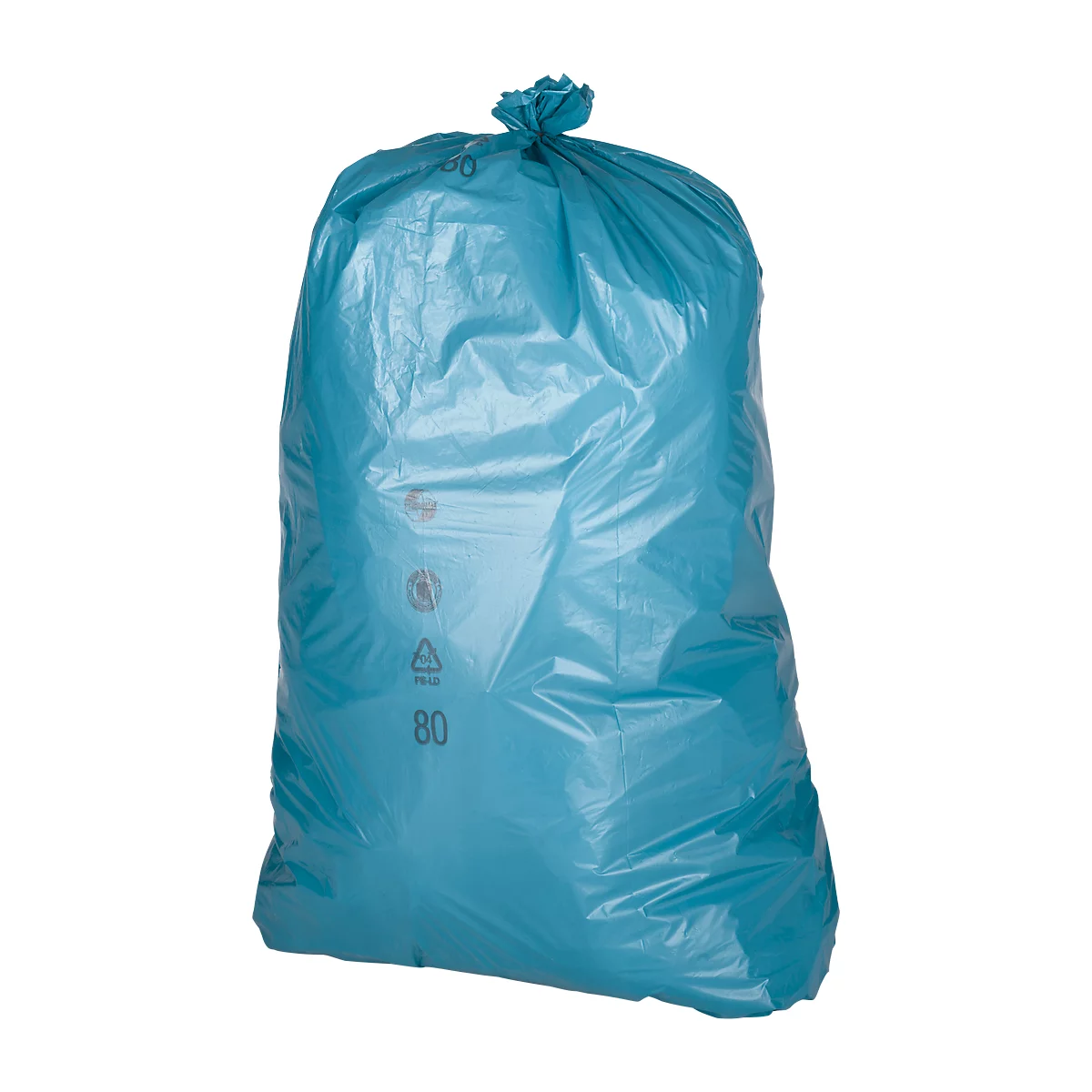 Turquoise garbage bag, knotted at the top, with the imprint "80".