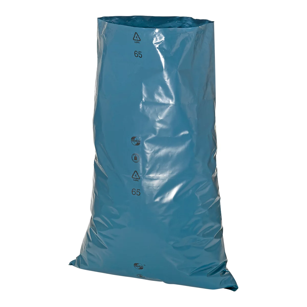 An upright blue trash bag with black symbols and the number 65.
