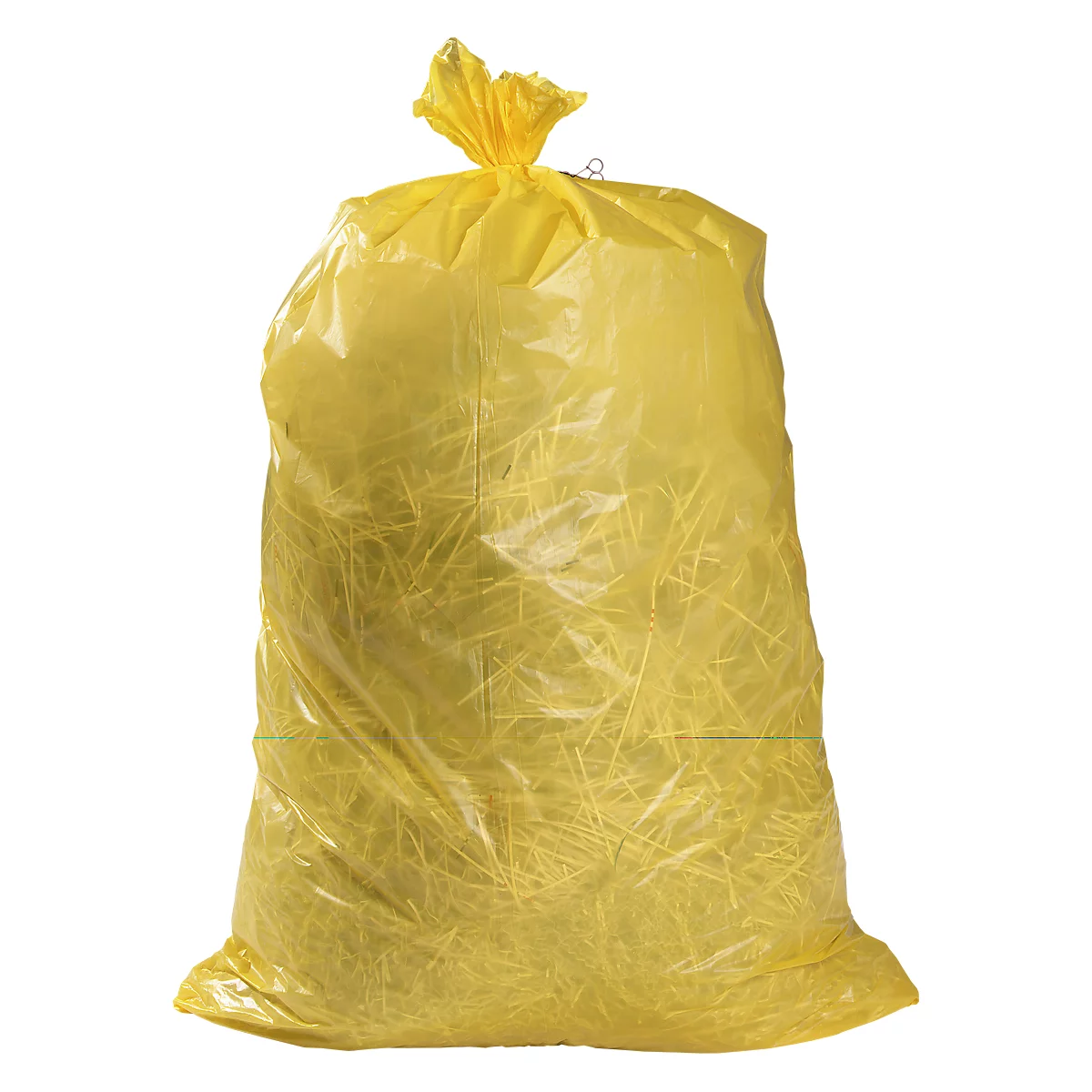 Yellow garbage bag, filled with yellow material.
